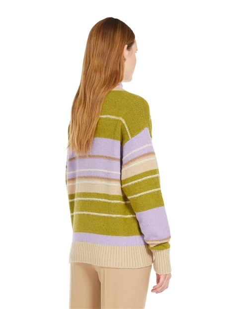 MAGLIA SCOLLO A V IN FILATO DI ALPACA E COTONE A RIGHE MULTICOLORE DONNA LILLA