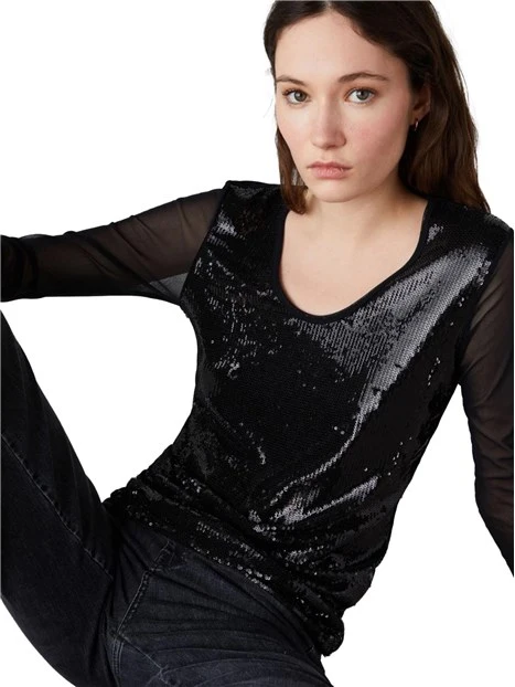 T-SHIRT MANICA LUNGA CON RICAMO E PAILLETTES DONNA NERO