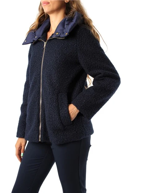 CAPPOTTO CORTO CON CAPPUCCIO A NAVETTA E ZIP DONNA BLU