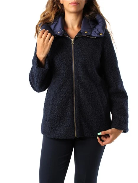 CAPPOTTO CORTO CON CAPPUCCIO A NAVETTA E ZIP DONNA BLU