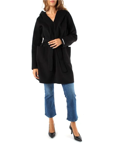 CAPPOTTO LUNGO CON CINTURA E CAPPUCCIO DONNA NERO