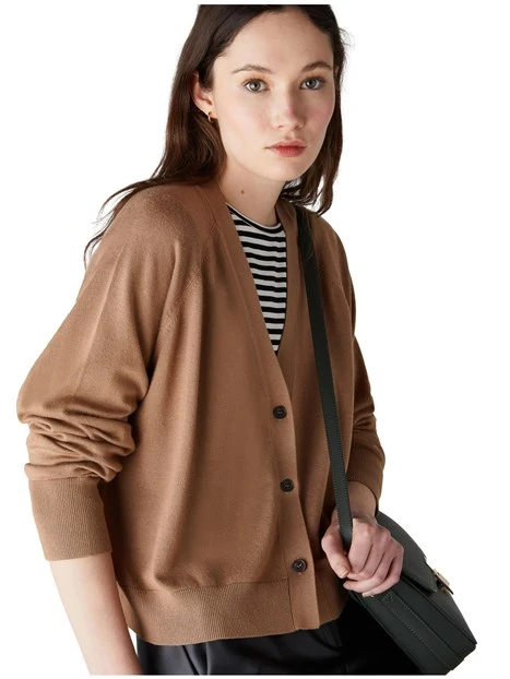 CARDIGAN IN MAGLIA DI VISCOSA CON POLSINI A COSTINE DONNA BEIGE