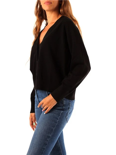 CARDIGAN IN MAGLIA DI VISCOSA CON POLSINI A COSTINE DONNA NERO