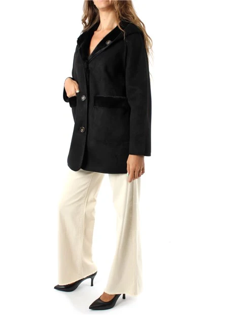 CAPPOTTO CORTO REVERSIBILE CON CAPPUCCIO IN ECOMONTONE E CAMOSCIO DONNA NERO