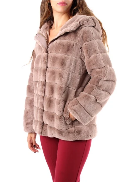 CAPPOTTO CORTO IN ECOPELLICCIA CON CAPPUCCIO DONNA BEIGE