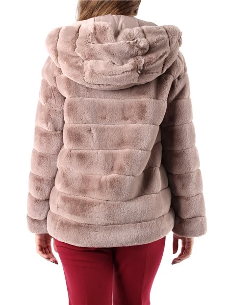 CAPPOTTO CORTO IN ECOPELLICCIA CON CAPPUCCIO DONNA BEIGE