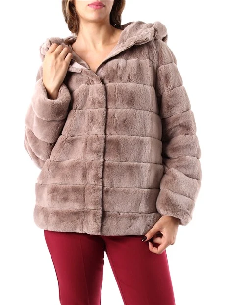 CAPPOTTO CORTO IN ECOPELLICCIA CON CAPPUCCIO DONNA BEIGE