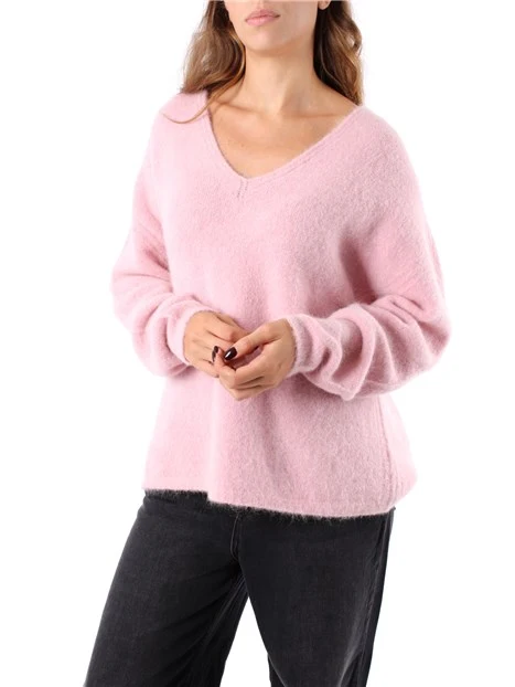 MAGLIA SCOLLO A V MISTO ALPACA DONNA ROSA