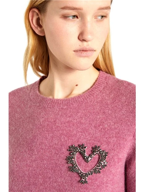 MAGLIA GIROCOLLO CON RICAMO DECORAZIONE IN LANA DONNA ROSA