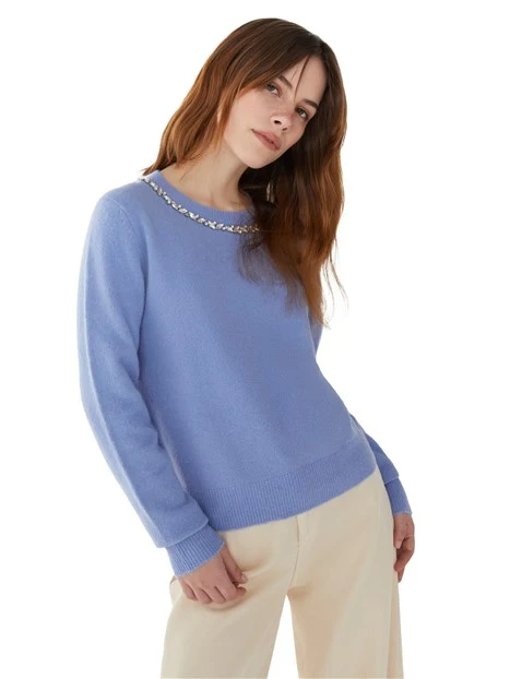 MAGLIA GIROCOLLO CON RICAMO DECORAZIONE IN LANA DONNA BLU