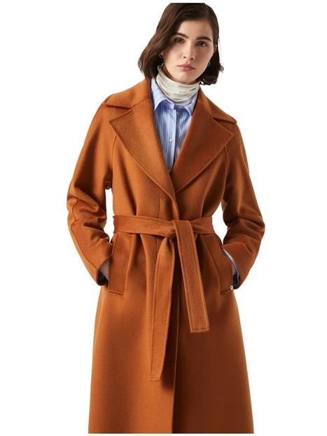 CAPPOTTO LUNGO A VESTAGLIA CON CINTURA DRAP DI LANA DONNA MARRONE