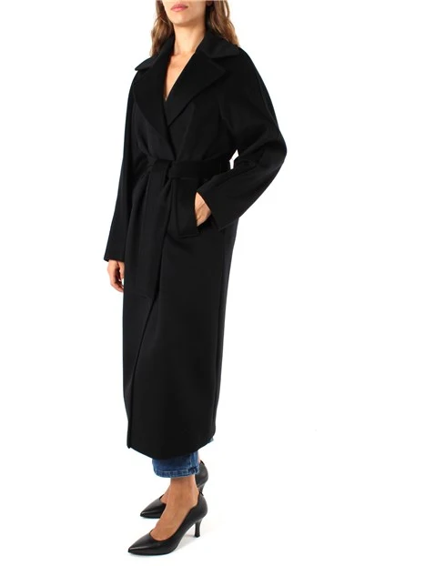 CAPPOTTO LUNGO A VESTAGLIA CON CINTURA DRAP DI LANA DONNA NERO