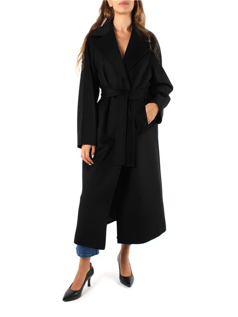 CAPPOTTO LUNGO A VESTAGLIA CON CINTURA DRAP DI LANA DONNA NERO