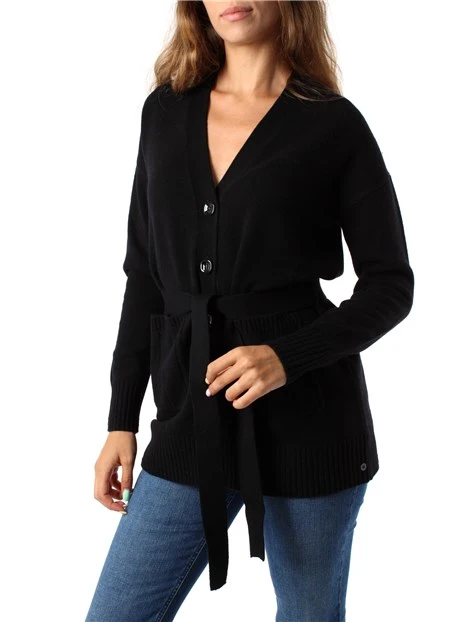 CARDIGAN IN LANA MISTO CASHMERE CON CINTURA DONNA NERO