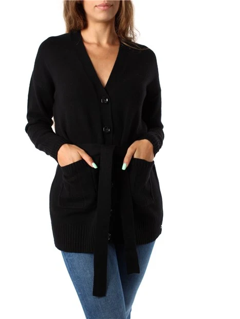 CARDIGAN IN LANA MISTO CASHMERE CON CINTURA DONNA NERO