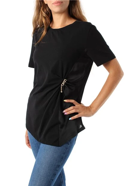 T-SHIRT MANICA CORTA CON STRASS E CHARM DONNA NERO