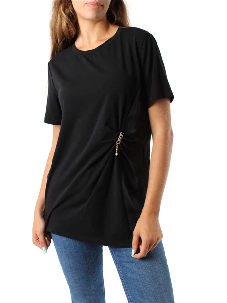 T-SHIRT MANICA CORTA CON STRASS E CHARM DONNA NERO