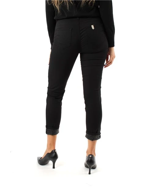 PANTALONI CROPPED RISVOLTO CON BRILLANTINI DONNA NERO