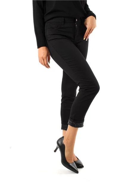 PANTALONI CROPPED RISVOLTO CON BRILLANTINI DONNA NERO