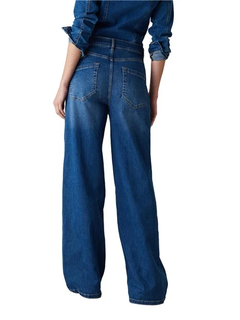 JEANS PALAZZO CON APPLICAZIONI GIOIELLO DONNA BLU