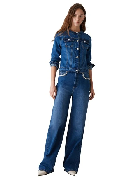 JEANS PALAZZO CON APPLICAZIONI GIOIELLO DONNA BLU