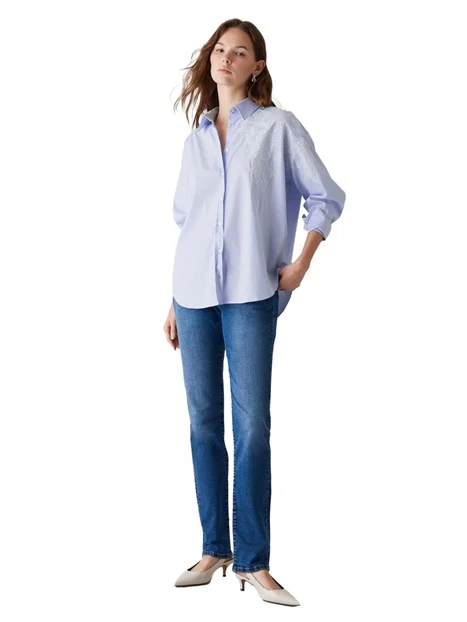 CAMICIA OVER CON FIORE IN PIZZO DONNA AZZURRO