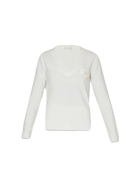 MAGLIA CON SCOLLO A V CON LOGO RICAMATO DONNA BIANCO