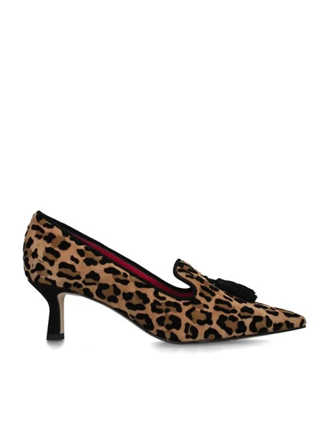 MOCASSINI CON TACCO LEOPARDATI CAMOSCIO DONNA MARRONE