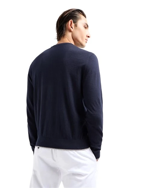 MAGLIA GIROCOLLO IN COTONE E CASHMERE CON POLSINI A COSTE UOMO BLU