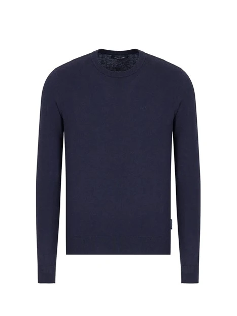 MAGLIA GIROCOLLO IN COTONE E CASHMERE CON POLSINI A COSTE UOMO BLU