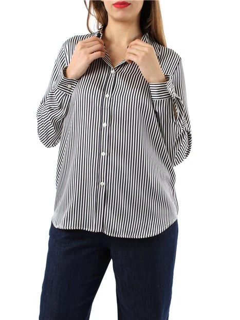 CAMICIA A RIGHE IN TWILL DONNA BIANCO BLU