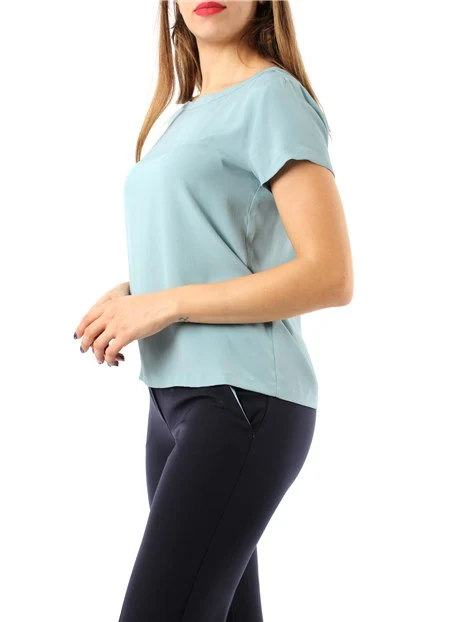 BLUSA A MANICA CORTA IN CRÊPE MISTO SETA DONNA CELESTE