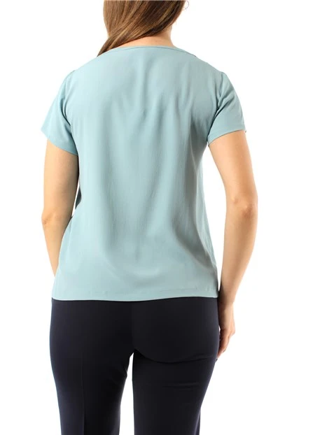 BLUSA A MANICA CORTA IN CRÊPE MISTO SETA DONNA CELESTE