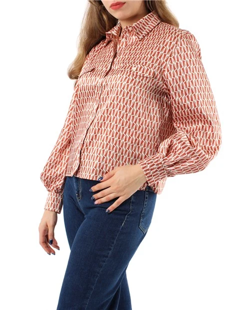 CAMICIA A FANTASIA GEOMETRICA IN TWILL DONNA ROSSO MATTONE