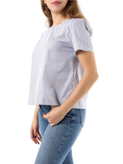 T-SHIRT MANICA CORTA A RIGHE IN POPELINE DI COTONE DONNA BIANCO BLU