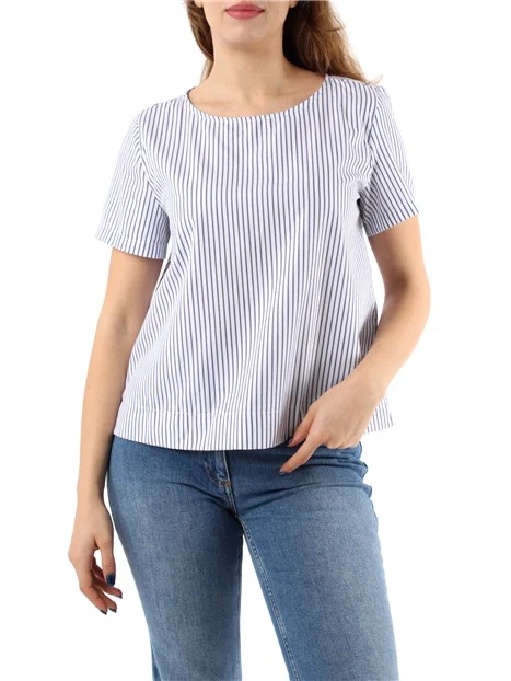 T-SHIRT MANICA CORTA A RIGHE IN POPELINE DI COTONE DONNA BIANCO BLU