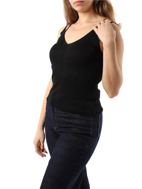 TOP IN MISTO LUREX CON DOPPIE SPALLINE DONNA NERO