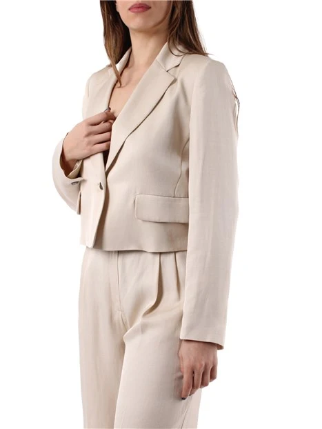 GIACCA BLAZER CORTA IN TWILL DI LINO E VISCOSA DONNA BEIGE