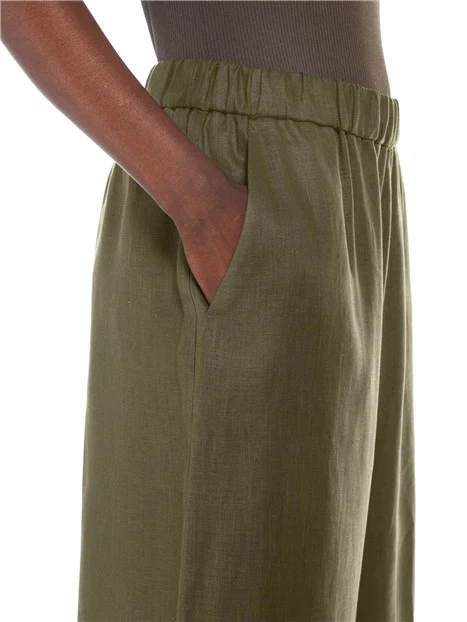 PANTALONI CROPPED AMPI IN PURO LINO DONNA VERDE SCURO