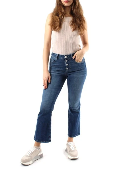 JEANS CROPPED A TROMBETTA CON BOTTONI GIOIELLO DONNA BLU