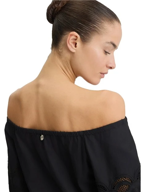 BLUSA SCOLLO A BARCA CON RICAMI DONNA NERO