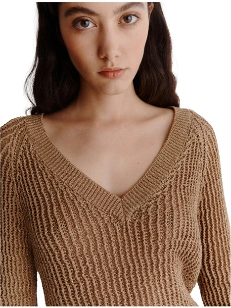 MAGLIA SCOLLO A V DONNA BEIGE