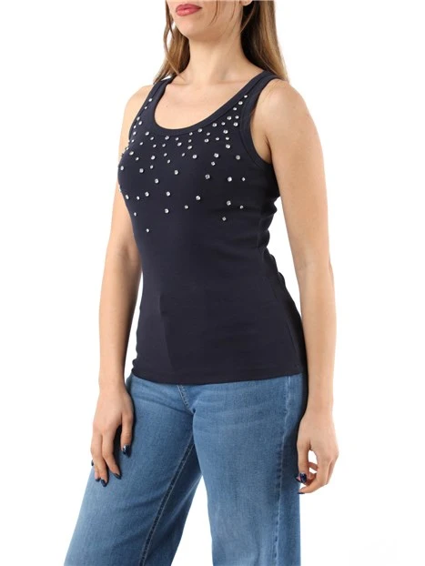 TOP CON CRISTALLI CABOCHON DAVANTI DONNA BLU