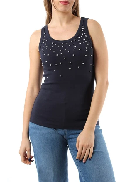 TOP CON CRISTALLI CABOCHON DAVANTI DONNA BLU