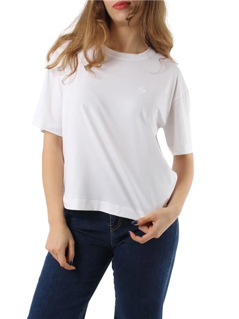 T-SHIRT MANICA CORTA CON ROSA RICAMATA SUL PETTO DONNA BIANCO