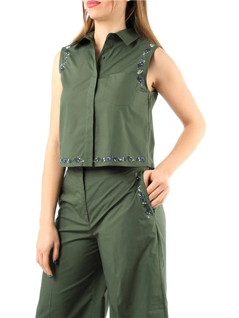 TOP CON RICAMO IN POPELINE DI COTONE DONNA VERDE