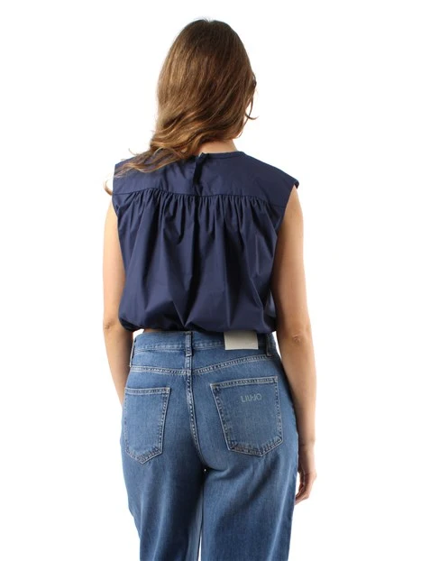 BLUSA CROP IN POPELINE DI COTONE DONNA BLU