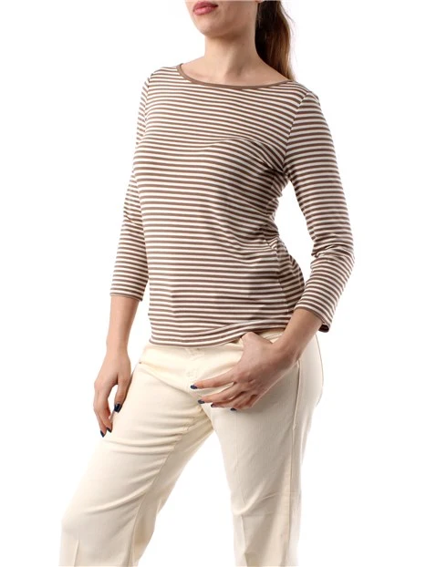 T-SHIRT MANICA LUNGA A RIGHE DONNA BIANCO BEIGE