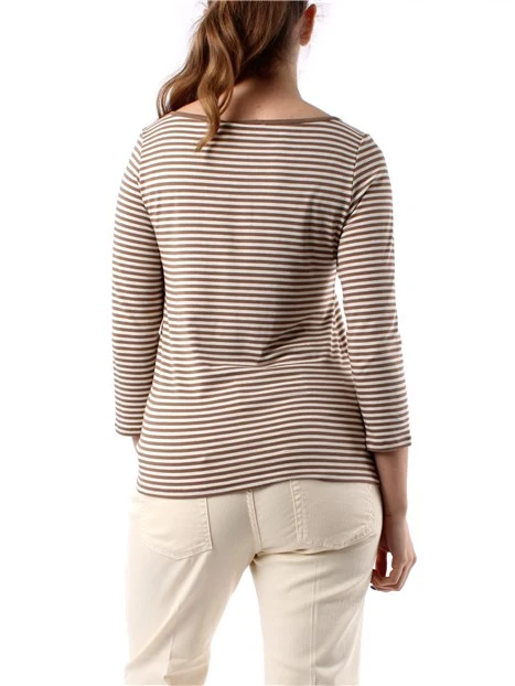 T-SHIRT MANICA LUNGA A RIGHE DONNA BIANCO BEIGE