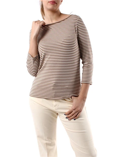 T-SHIRT MANICA LUNGA A RIGHE DONNA BIANCO BEIGE